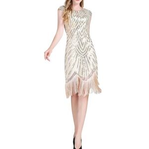 Vintage Style 1920 Flapper Dress Sequin Fringe Gatsby Cocktail Champagne Silver